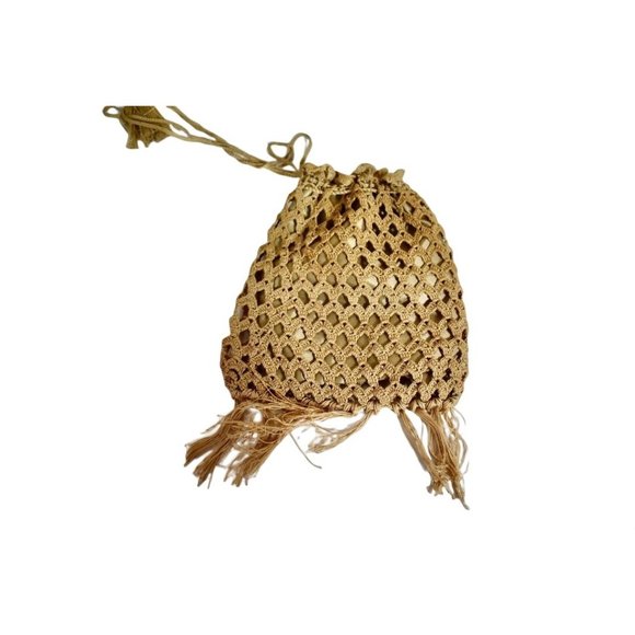 Vintage Women's Boho Crochet Drawstring Handbag Satin Lining Long Strap Fringe - Picture 4 of 8